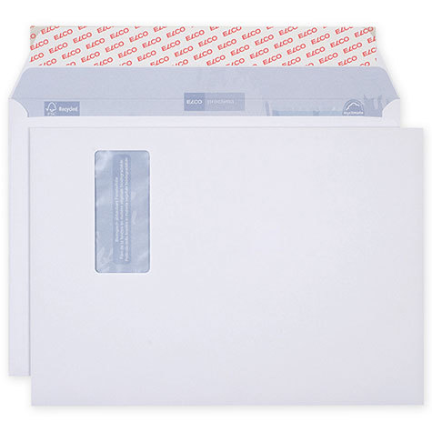 carta Busta con finestra 324x229mm, Proclima, 120gr-mq BIANCO NATURALE, 100% carta riciclata, internografata (ELCO proclima), altezza pattella 57mm, chiusura a strip autoadesivo, Finestra sul lato sinistro 45x100mm: 110mm dal basso, 225mm da destra. Prodotto originale Svizzero. MADE IN SWITZERLAND.