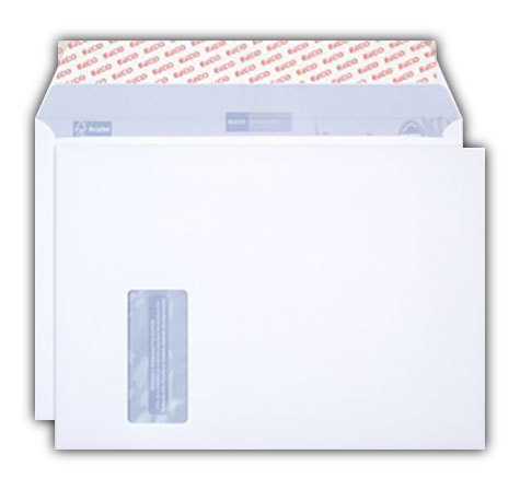 carta Busta con finestra 324x229mm, Proclima, 120gr-mq BIANCO NATURALE, 100% carta riciclata, internografata (ELCO proclima), altezza pattella 57mm, chiusura a strip autoadesivo, Finestra sul lato sinistro 45x100mm: 20mm dal basso, 225mm da destra. Prodotto originale Svizzero. MADE IN SWITZERLAND.