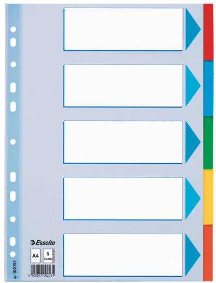 gbc Intercalari 5, tasti colorati in pvc. A4 per intercalare fogli in formato A4 (21x29,7cm). Corredata di indice frontale in cartoncino. Perforazione universale. 5 colori assortiti.