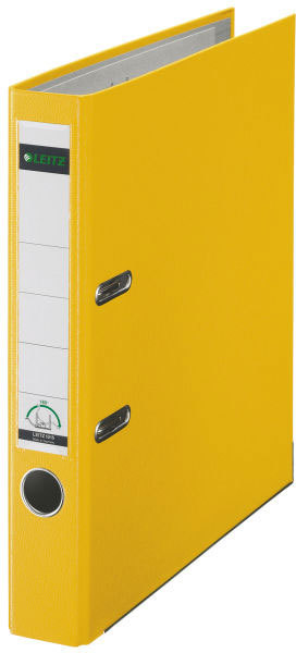 gbc Registratore LEITZ 180 in polipropilene GIALLO, formato commerciale (23x30), dorso 5cm, angoli rinforzati, etichetta dorsale sostituibile., certificazione GS, marchio LEITZ.