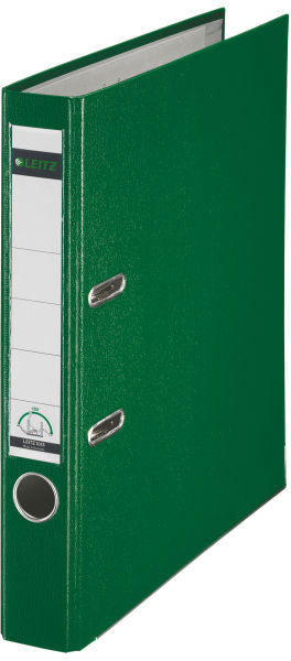 gbc Registratore LEITZ 180 in polipropilene VERDE, formato commerciale (23x30), dorso 5cm, angoli rinforzati, etichetta dorsale sostituibile., certificazione GS, marchio LEITZ.