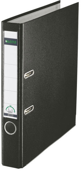 gbc Registratore LEITZ 180 in polipropilene NERO, formato commerciale (23x30), dorso 5cm, angoli rinforzati, etichetta dorsale sostituibile., certificazione GS, marchio LEITZ.