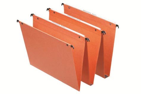 acco Cartella sospesa EsselteUniscope cassetto 38cm-u3    Cartelle sospese, Fondo a U da 3cm, interasse 38cm. Lettura superiore per cassetti, in cartoncino orange Kraft, grammatura 220 gr, altezza 25 cm, colore arancio. .