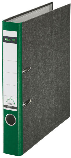 gbc registratore LEITZ 180 in cartone VERDE, formato commerciale (23x30), dorso 5cm, angoli rinforzati, etichetta dorsale preincollata., certificazione GS, marchio LEITZ.