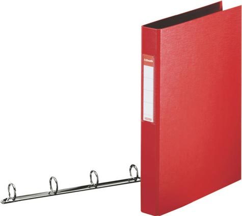 gbc 14459, Raccoglitore in polipropilene ROSSO, 25mm, 4 anelli rotondi, formato utilie A4 (21x29,7cm), con portaetichetta sul dorso . Ex codice Esselte 144590, certificazione FSC Mix, marchio ESSELTE.