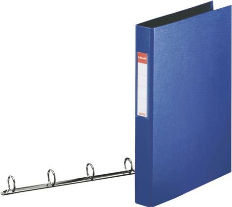 gbc 14460, Raccoglitore in polipropilene BLU, 25mm, 4 anelli rotondi, formato utilie A4 (21x29,7cm), con portaetichetta sul dorso . Ex codice Esselte 144600, certificazione FSC Mix, marchio ESSELTE.