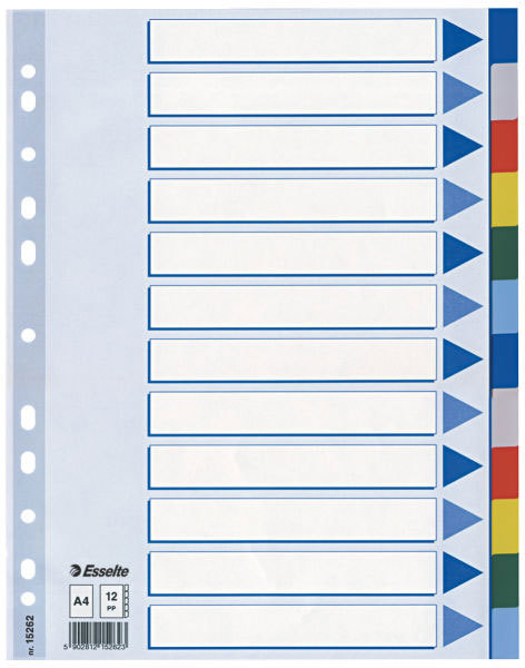 gbc Intercalari 12, tasti colorati in pvc. A4 per intercalare fogli in formato A4 (21x29,7cm). Corredati di indice frontale 1-12 in cartoncino. Perforazione universale. Marchio Esselte. 12 colori assortiti. 152620.