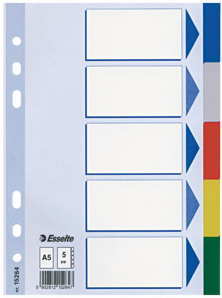 gbc 15264, Intercalare in polipropilene 5 tasti colorati - formato A5. Ex codice Esselte 152640,  marchio ESSELTE.