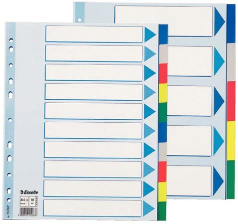 gbc Intercalari 10, tasti colorati in pvc. A4 MAXI per intercalare buste a perforazione universale. Corredati di indice frontale in cartoncino. Perforazione universale. Marchio Esselte. 10 colori assortiti. 152670, 56106.