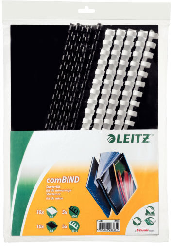 gbc Starterkit di rilegatura comb Contiene: 10 retro di copertina in cartoncino nero formato A4, 10 fronte di copertina trasparente in PVC formato A4, 5 dorsi ad anelli plastici neri da 8 mm (45 fogli), 5 dorsi ad anelli plastici bianchi da 12 mm (105 fogli).
.