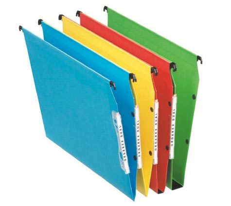 gbc 93615, Cartelle sospese VISICOLOR DUAL, fondo a V, interasse 33cm, GIALLO Lettura laterale per armadi, in cartoncino Kraft da 224gr-mq, Portacartellino lenticolare da 135mm gi� montato, collegamento in continuo cun aletta e bottoni. Ex codice Esselte 216340, marchio ESSELTE.