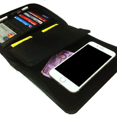 gbc 25176, Porta smart phone-notepad in eco-pelle NERO. Con 6 scoparti per carte di credito, 3 portapenne, portadocumenti, bollini autoadesivi in velcro per fissare il telefomo. Marchio ESSELTE.
