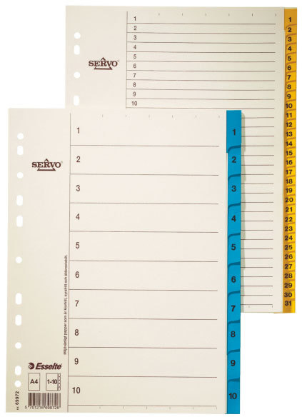gbc Intercalari 1-12, a tasti numerici in cartoncino. A4 per intercalare fogli in formato A4 (21x29,7cm). Dorso e tasti rinforzati in Mylar. Perforazione universale. Marchio ESSELTE, 56117, 698730..