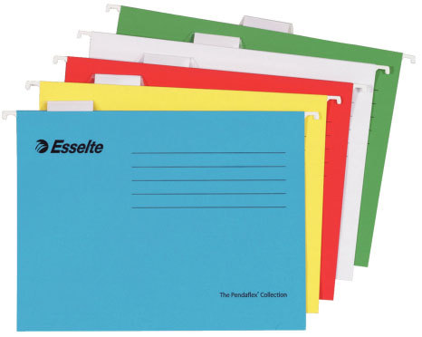 gbc 90334, Cartelle sospese PENDAFLEX, fondo a V, interasse 39cm, BLU Lettura superiore per cassetti, in cartoncino Kraft da 205gr-mq. Portacartellino inseribile in diverse posizioni, trasformabile da fondo a V a fondo a U da 3 cm. Ex codice Esselte 903340, marchio ESSELTE.