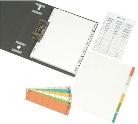 gbc Intercalari 6, tasti semitrasparenti in pvc. A4 MAXI per intercalare buste a perforazione universale. Corredata di etichette colorate per personalizzare i tasti. Perforazione universale. Marchio Esselte. T7411.