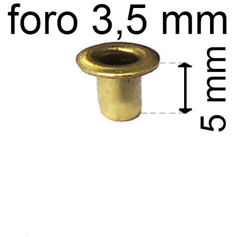 legatoria Occhiello unificato ottone, altezza 5mm (OU) per fori diametro 3.5mm. Testa diametro 5,5mm, spessore materiale: 0,3mm.