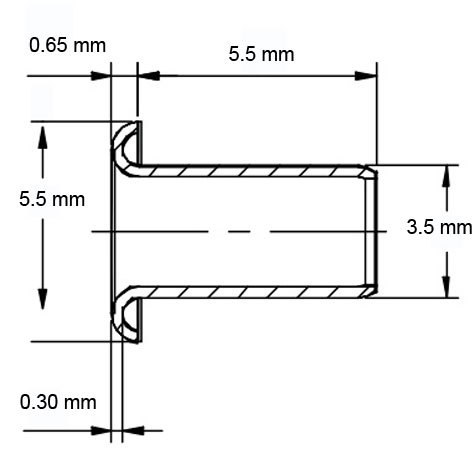 legatoria Occhiello unificato ottone, altezza 5,5mm (OU) per fori diametro 3.5mm. Testa diametro 5,5mm, spessore materiale: 0,3mm.