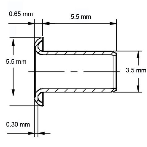 legatoria Occhiello unificato OttoneNICHELATO. altezza 5.5mm OU NICHELATO per fori diametro 3,5mm. Testa diametro 5,5mm, spessore materiale: 0,3mm.