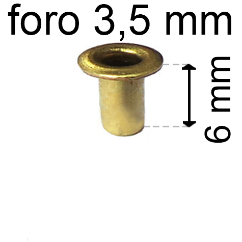 legatoria Occhiello unificato ottone, altezza 6mm (OU) per fori diametro 3.5mm. Testa diametro 5,5mm, spessore materiale: 0,3mm.