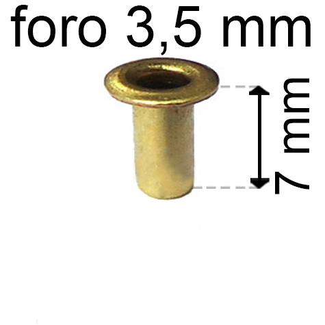 legatoria Occhiello unificato ottone, altezza 7mm (OU) per fori diametro 3.5mm. Testa diametro 5,5mm, spessore materiale: 0,3mm.