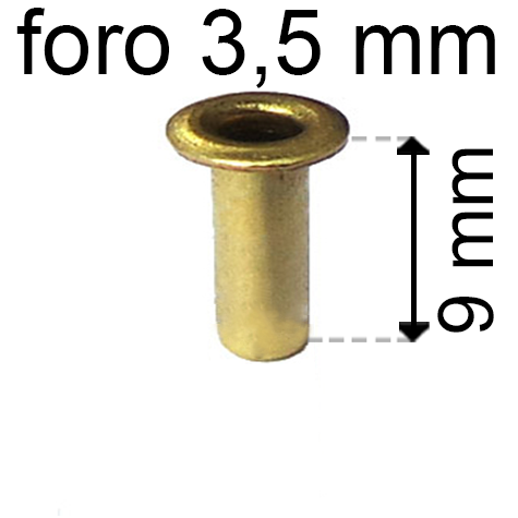 legatoria Occhiello unificato ottone, altezza 9mm (OU) per fori diametro 3.5mm. Testa diametro 5,5mm, spessore materiale: 0,3mm.