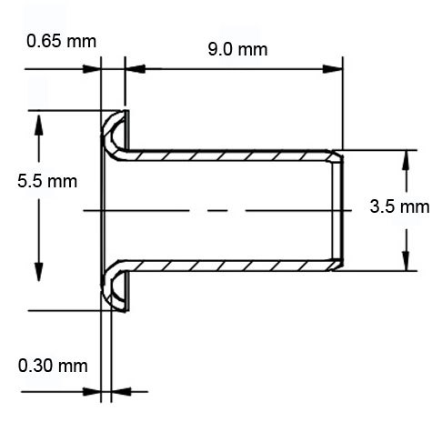 legatoria Occhiello unificato ottone, altezza 9mm (OU) per fori diametro 3.5mm. Testa diametro 5,5mm, spessore materiale: 0,3mm.