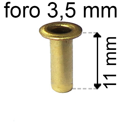 legatoria Occhiello unificato ottone, altezza 11mm (OU) per fori diametro 3.5mm. Testa diametro 5,5mm, spessore materiale: 0,3mm.