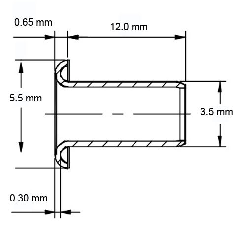 legatoria Occhiello unificato ottoneSTAGNATO, altezza 12mm OU STAGNATO per fori diametro 3,5mm. Testa diametro 5,5mm, spessore materiale: 0,3mm.