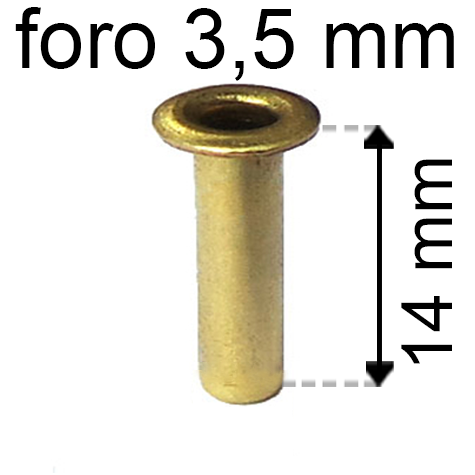 legatoria Occhiello unificato ottone, altezza 14mm (OU) per fori diametro 3.5mm. Testa diametro 5,5mm, spessore materiale: 0,3mm.