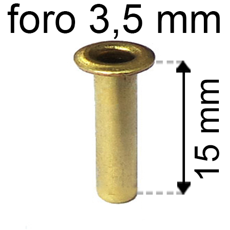 legatoria Occhiello unificato ottone, altezza 15mm (OU) per fori diametro 3.5mm. Testa diametro 5,5mm, spessore materiale: 0,3mm.