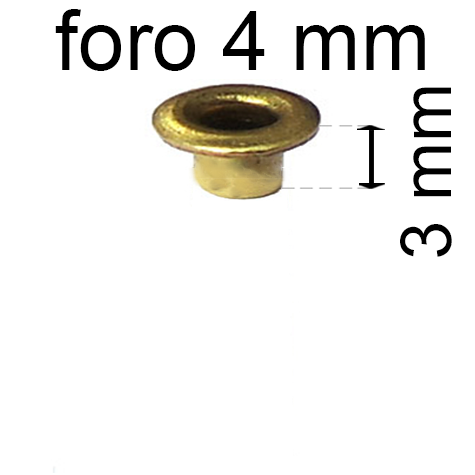 legatoria Occhiello unificato ottone, altezza 3mm (OU) per fori diametro 4mm. Testa diametro 6mm, spessore materiale: 0,3mm.