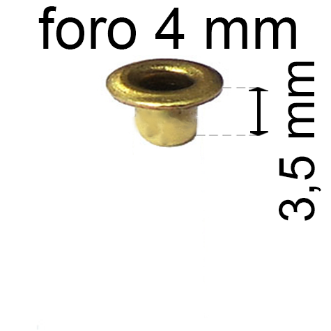 legatoria Occhiello unificato ottone, altezza 3,5mm (OU) per fori diametro 4mm. Testa diametro 6mm, spessore materiale: 0,3mm.