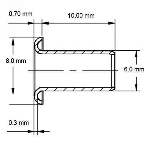 legatoria Occhiello unificato ottoneSTAGNATO, altezza 10mm OU STAGNATO per fori diametro 6mm. Testa diametro 8mm, spessore materiale: 0,3mm.