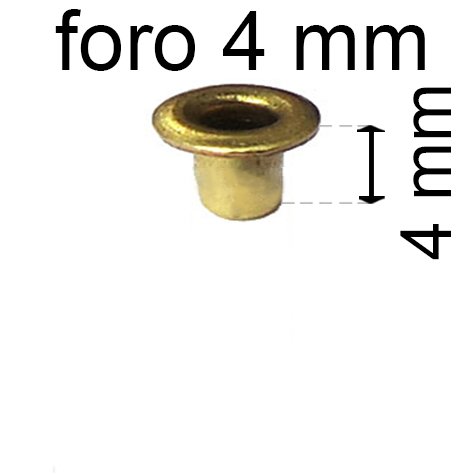 legatoria Occhiello unificato ottone, altezza 4mm (OU) per fori diametro 4mm. Testa diametro 6mm, spessore materiale: 0,3mm.