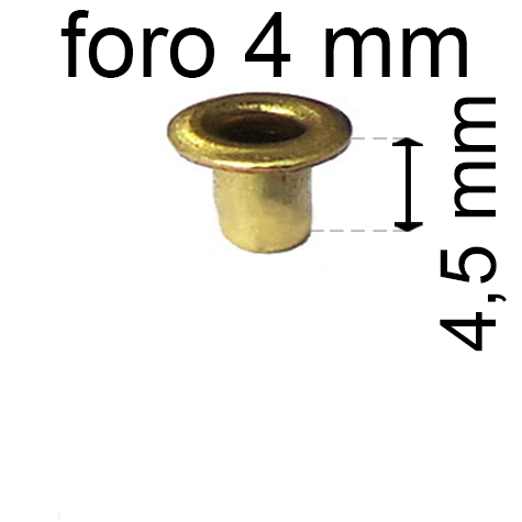 legatoria Occhiello unificato ottone, altezza 4,5mm (OU) per fori diametro 4mm. Testa diametro 6mm, spessore materiale: 0,3mm.