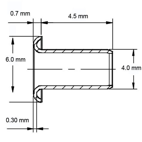 legatoria Occhiello unificato ottone, altezza 4,5mm (OU) per fori diametro 4mm. Testa diametro 6mm, spessore materiale: 0,3mm.