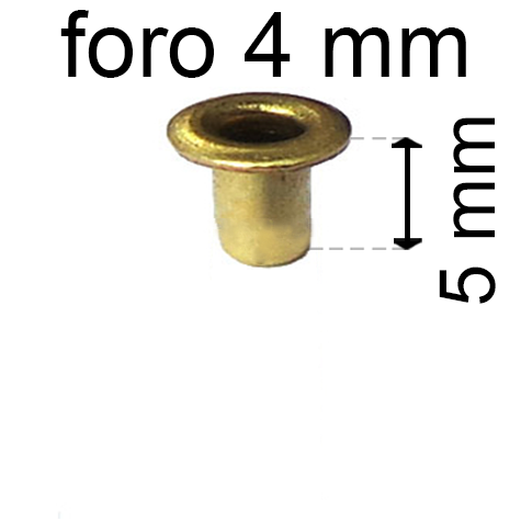 legatoria Occhiello unificato ottone, altezza 5mm (OU) per fori diametro 4mm. Testa diametro 6mm, spessore materiale: 0,3mm.