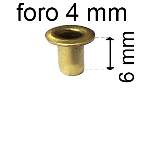 legatoria Occhiello unificato ottone, altezza 6mm (OU) per fori diametro 4mm. Testa diametro 6mm, spessore materiale: 0,3mm.
