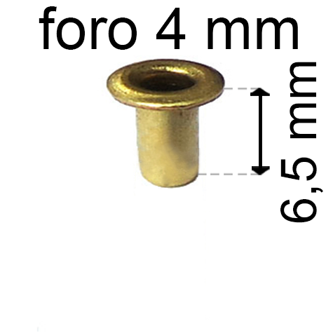 legatoria Occhiello unificato ottone, altezza 6,5mm (OU) per fori diametro 4mm. Testa diametro 6mm, spessore materiale: 0,3mm.