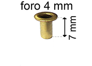 legatoria Occhiello unificato ottone, altezza 7mm (OU) per fori diametro 4mm. Testa diametro 6mm, spessore materiale: 0,3mm eug125