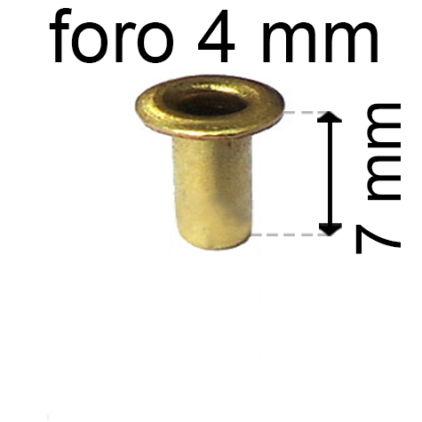 legatoria Occhiello unificato ottone, altezza 7mm (OU) per fori diametro 4mm. Testa diametro 6mm, spessore materiale: 0,3mm.