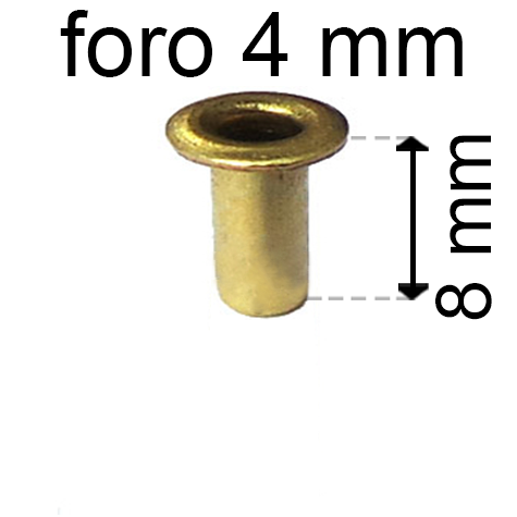 legatoria Occhiello unificato ottone, altezza 8mm (OU) per fori diametro 4mm. Testa diametro 6mm, spessore materiale: 0,3mm.