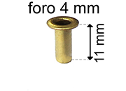 legatoria Occhiello unificato ottone, altezza 11mm (OU) per fori diametro 4mm. Testa diametro 6mm, spessore materiale: 0,3mm eug128