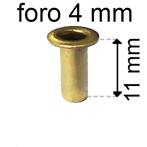 legatoria Occhiello unificato ottone, altezza 11mm (OU) per fori diametro 4mm. Testa diametro 6mm, spessore materiale: 0,3mm.