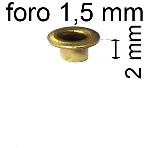 legatoria Occhiello unificato ottone, altezza 2mm (OU) per fori diametro 1.5mm. Testa diametro 2,5mm, spessore materiale: 0,2mm.