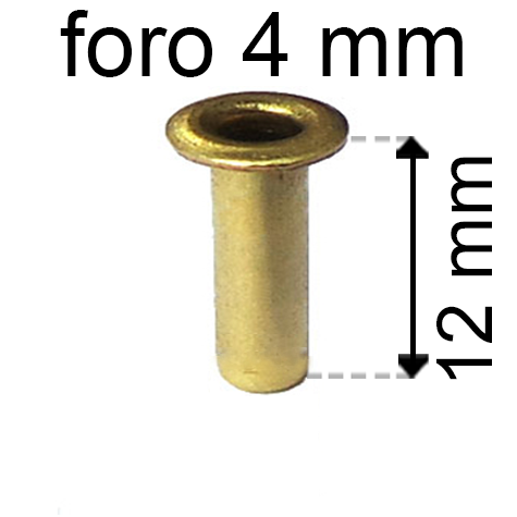 legatoria Occhiello unificato ottone, altezza 12mm (OU) per fori diametro 4mm. Testa diametro 6mm, spessore materiale: 0,3mm.