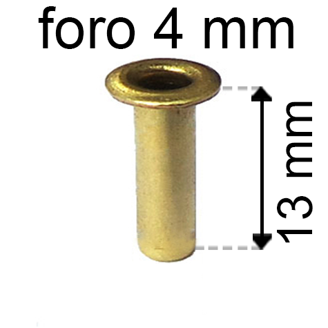 legatoria Occhiello unificato ottone, altezza 13mm (OU) per fori diametro 4mm. Testa diametro 6mm, spessore materiale: 0,3mm.