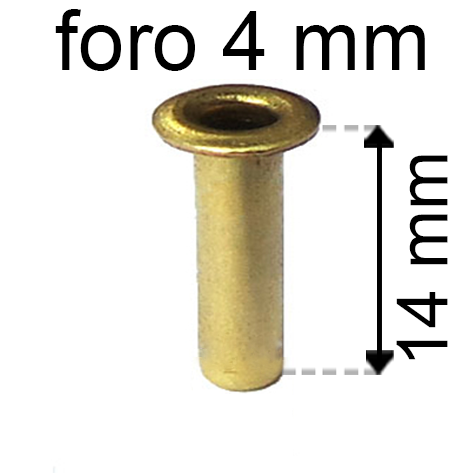 legatoria Occhiello unificato ottone, altezza 14mm (OU) per fori diametro 4mm. Testa diametro 6mm, spessore materiale: 0,3mm.