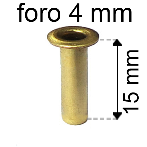 legatoria Occhiello unificato ottone, altezza 15mm (OU) per fori diametro 4mm. Testa diametro 6mm, spessore materiale: 0,3mm.