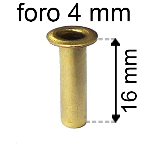legatoria Occhiello unificato ottone, altezza 16mm (OU) per fori diametro 4mm. Testa diametro 6mm, spessore materiale: 0,3mm.